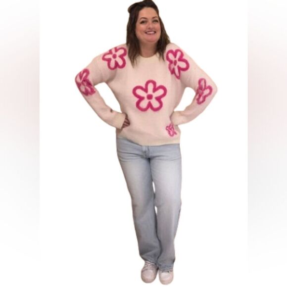 Umgee Round Neck Sweater with Pink Floral Kawaii Large Flower Sz S M - Picture 3 of 8